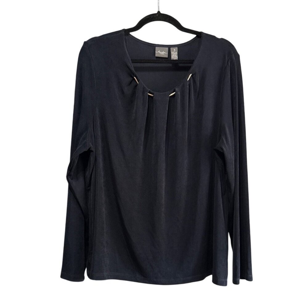 Travelers By Chicos Womens Navy Blue Long Sleeve Top Size 3 Acetate Spandex